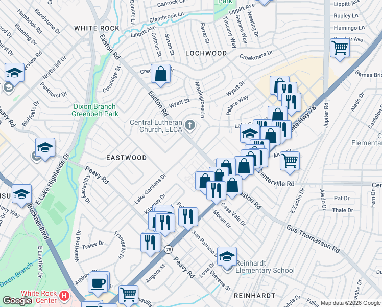 map of restaurants, bars, coffee shops, grocery stores, and more near 10422 Lake Gardens Drive in Dallas