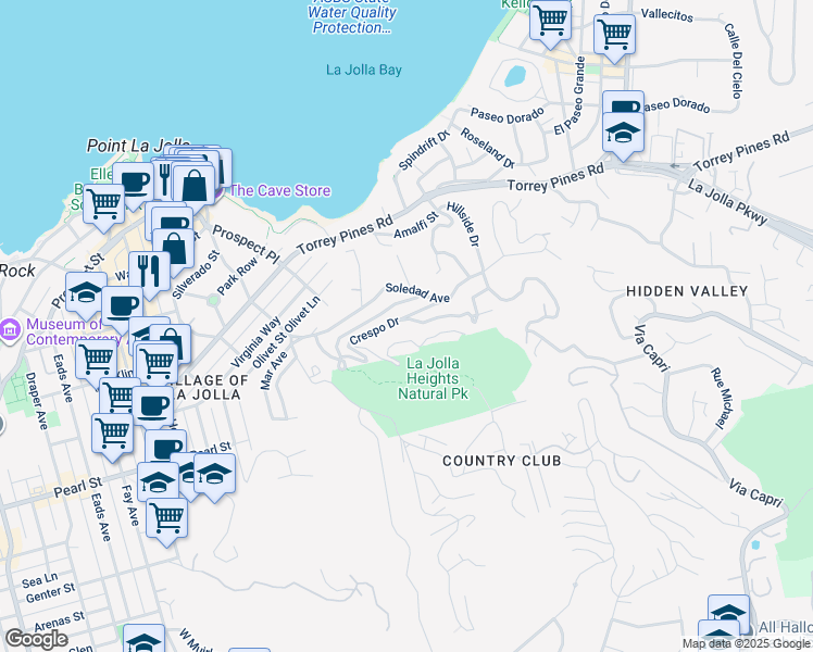 map of restaurants, bars, coffee shops, grocery stores, and more near 1703 Castellana Road in San Diego