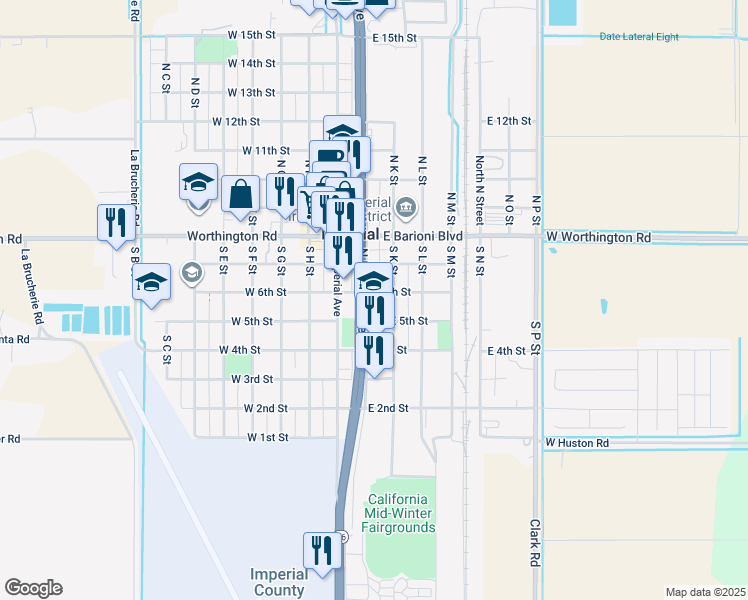 map of restaurants, bars, coffee shops, grocery stores, and more near 320 South J Street in Imperial