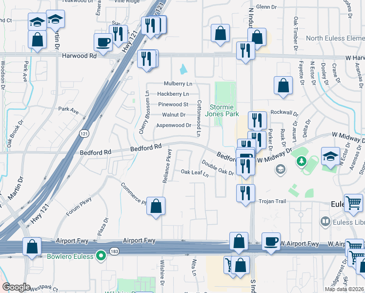 map of restaurants, bars, coffee shops, grocery stores, and more near 2249 Cottonwood Lane in Bedford
