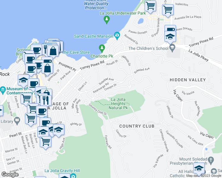 map of restaurants, bars, coffee shops, grocery stores, and more near 1703 Castellana Road in San Diego