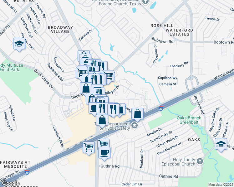 map of restaurants, bars, coffee shops, grocery stores, and more near 656 Castleglen Drive in Garland