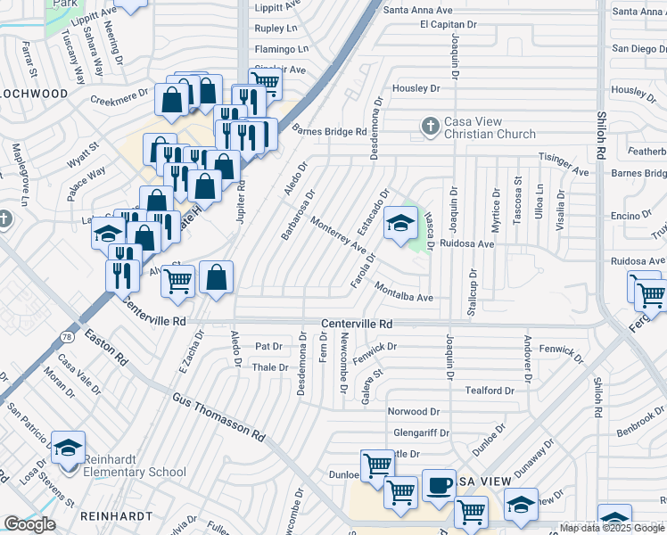 map of restaurants, bars, coffee shops, grocery stores, and more near 10844 Estacado Drive in Dallas
