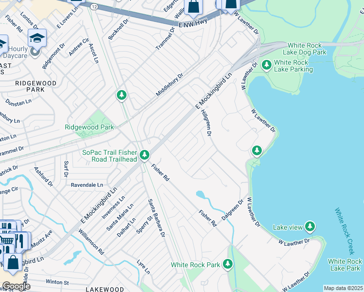 map of restaurants, bars, coffee shops, grocery stores, and more near 7121 Brookcove Lane in Dallas