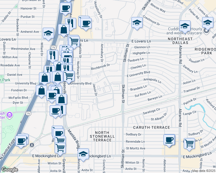 map of restaurants, bars, coffee shops, grocery stores, and more near 4811 Amesbury Drive in Dallas