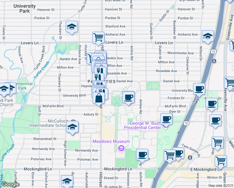 map of restaurants, bars, coffee shops, grocery stores, and more near 3225 University Boulevard in Dallas