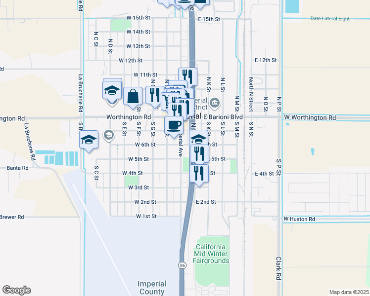 map of restaurants, bars, coffee shops, grocery stores, and more near 221 E 6th St in Imperial