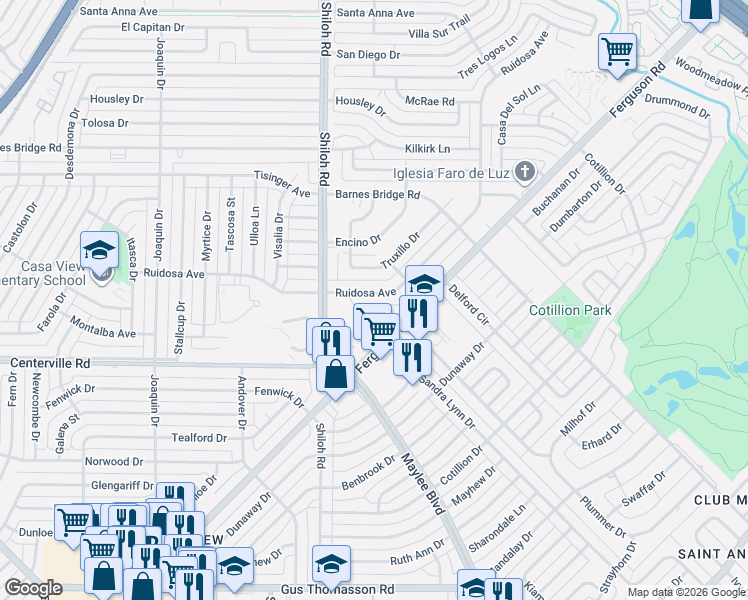 map of restaurants, bars, coffee shops, grocery stores, and more near 3115 Ruidosa Avenue in Dallas