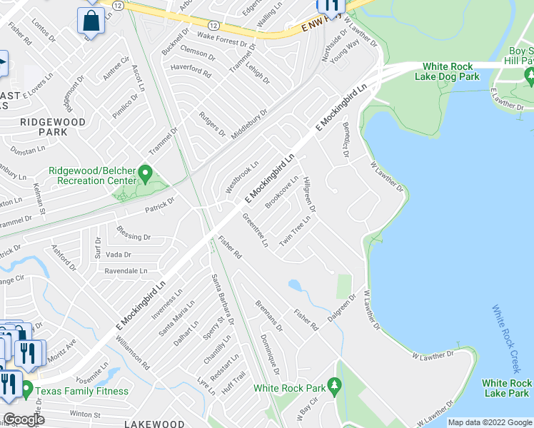 map of restaurants, bars, coffee shops, grocery stores, and more near 7121 Brookcove Lane in Dallas