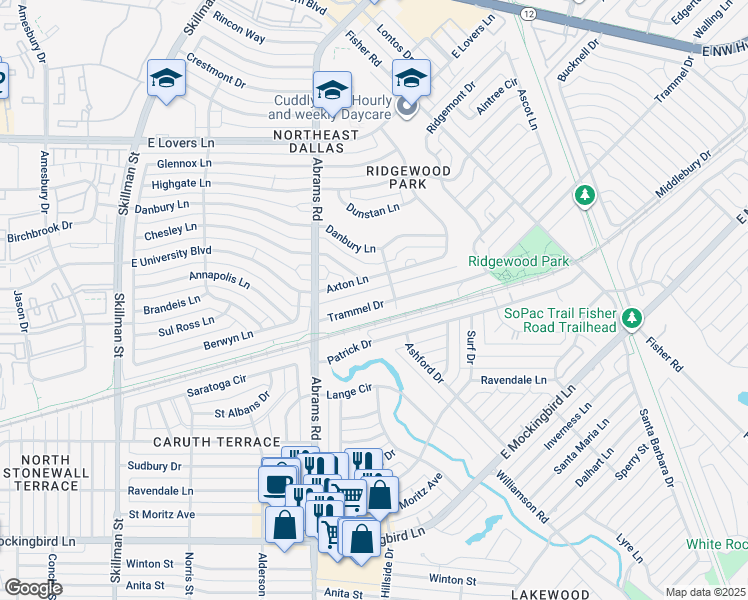 map of restaurants, bars, coffee shops, grocery stores, and more near 6463 Trammel Drive in Dallas
