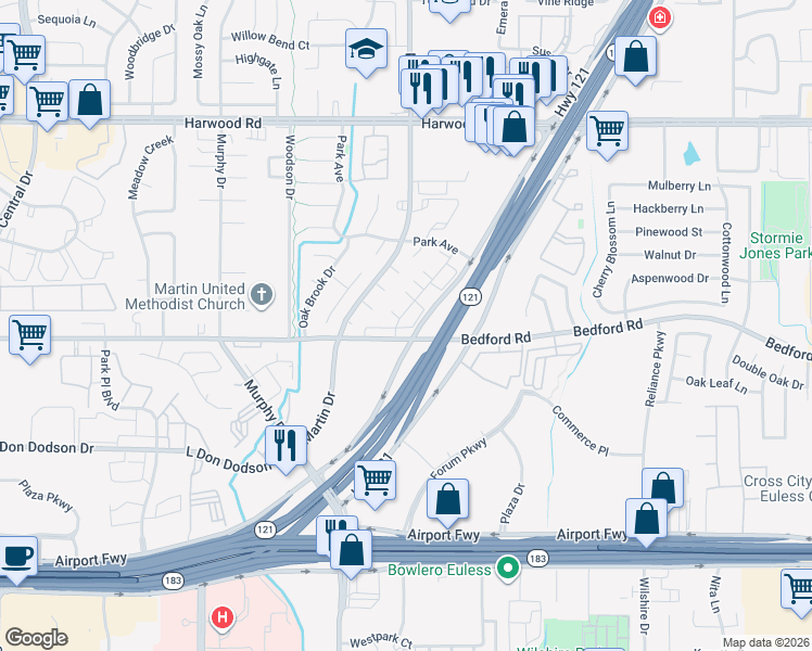 map of restaurants, bars, coffee shops, grocery stores, and more near 2401 Durango Ridge Drive in Bedford