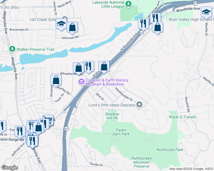 map of restaurants, bars, coffee shops, grocery stores, and more near 9257 Heatherdale Street in Santee
