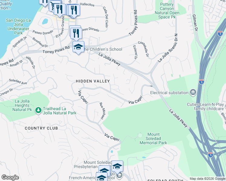 map of restaurants, bars, coffee shops, grocery stores, and more near 2505 Hidden Valley Place in San Diego