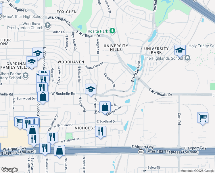 map of restaurants, bars, coffee shops, grocery stores, and more near 2906 Pacific Court in Irving