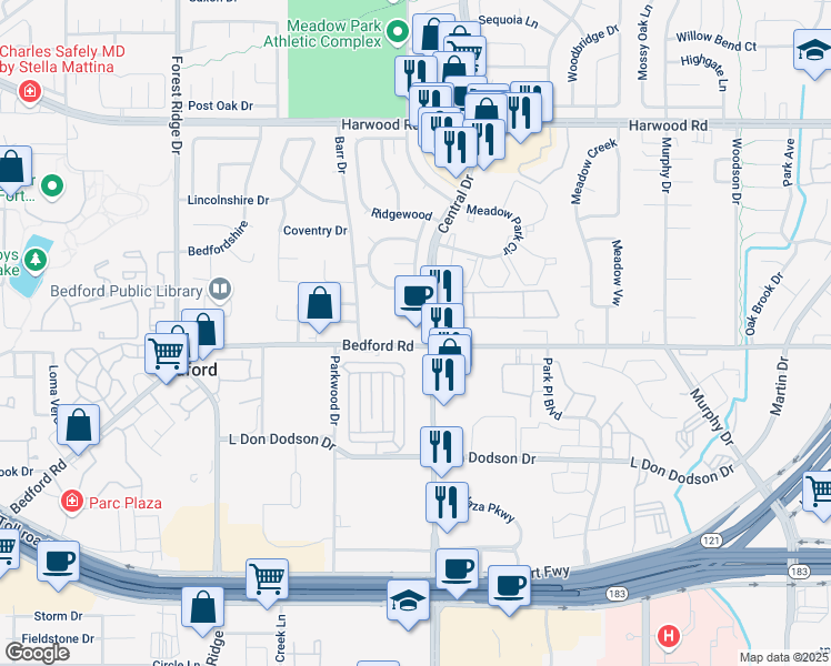 map of restaurants, bars, coffee shops, grocery stores, and more near in Bedford