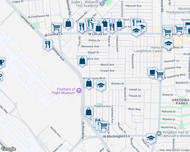 map of restaurants, bars, coffee shops, grocery stores, and more near 4419 West University Boulevard in Dallas
