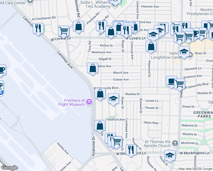 map of restaurants, bars, coffee shops, grocery stores, and more near 4419 West University Boulevard in Dallas