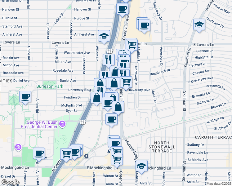 map of restaurants, bars, coffee shops, grocery stores, and more near 5626 East University Boulevard in Dallas
