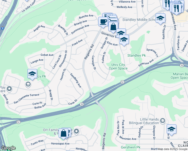 map of restaurants, bars, coffee shops, grocery stores, and more near 3167 Carnegie Place in San Diego