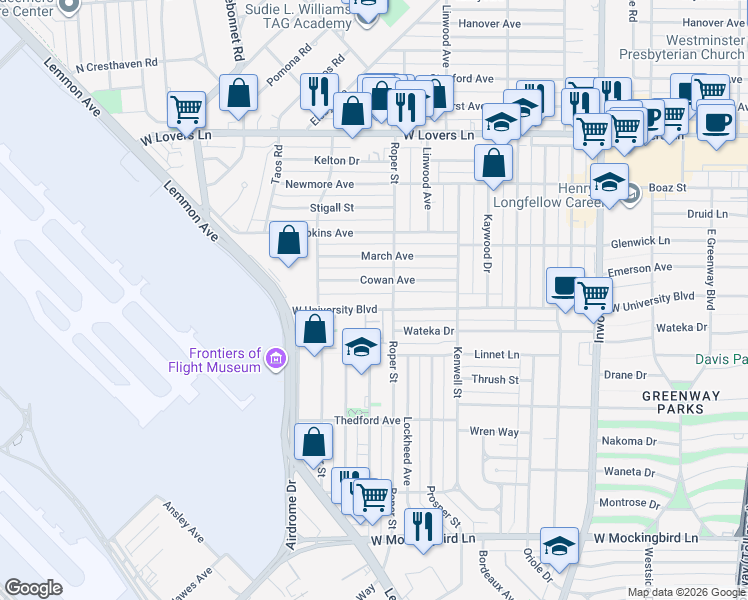 map of restaurants, bars, coffee shops, grocery stores, and more near 4603 West University Boulevard in Dallas