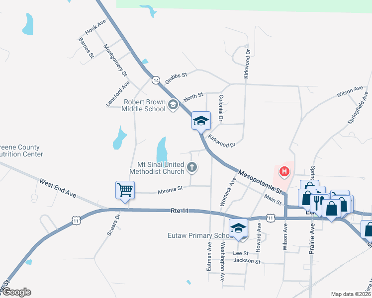 map of restaurants, bars, coffee shops, grocery stores, and more near 424 Kelly Drive in Eutaw