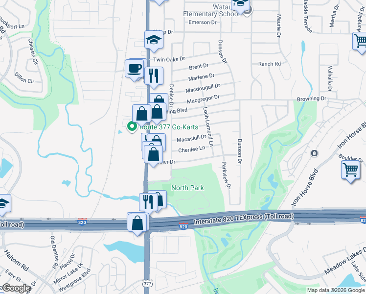 map of restaurants, bars, coffee shops, grocery stores, and more near 5613 Cherilee Lane in Haltom City