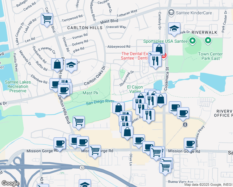 map of restaurants, bars, coffee shops, grocery stores, and more near 303 River Trail Place in Santee