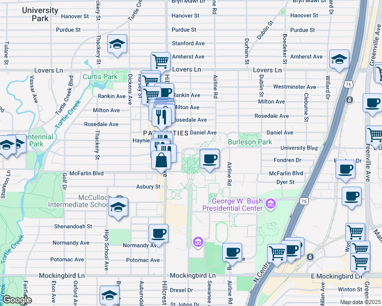 map of restaurants, bars, coffee shops, grocery stores, and more near 3225 University Boulevard in Dallas