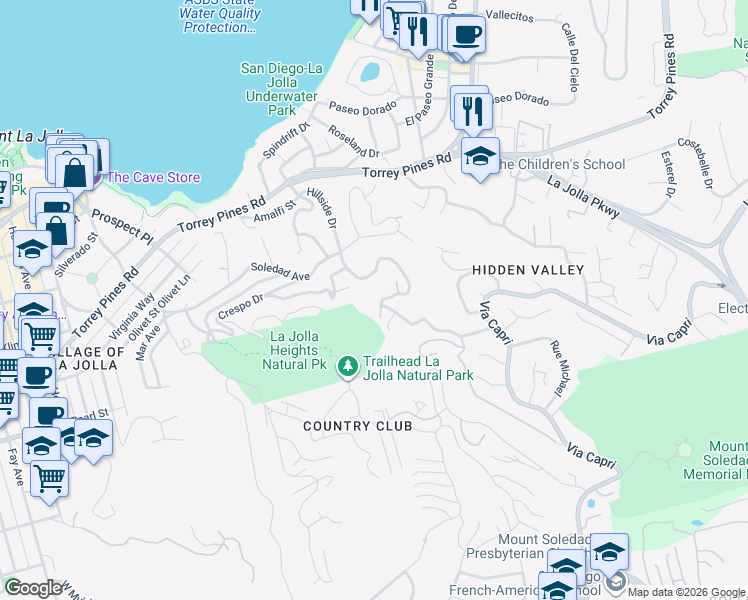 map of restaurants, bars, coffee shops, grocery stores, and more near 7530 Hillside Drive in San Diego