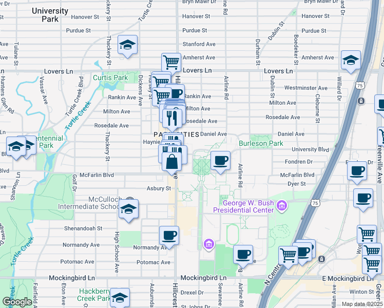 map of restaurants, bars, coffee shops, grocery stores, and more near 3322 University Boulevard in Dallas