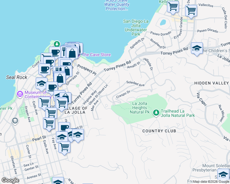 map of restaurants, bars, coffee shops, grocery stores, and more near 1543 Soledad Avenue in San Diego