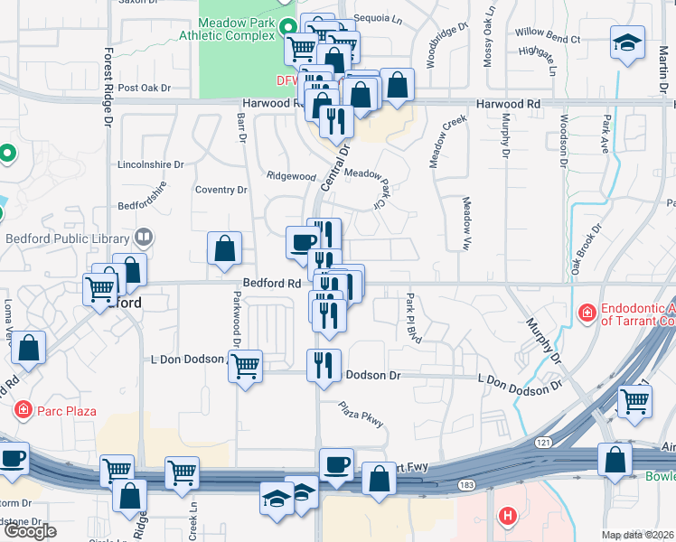 map of restaurants, bars, coffee shops, grocery stores, and more near 2101 Bedford Road in Bedford