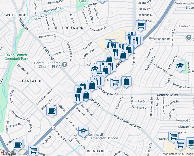 map of restaurants, bars, coffee shops, grocery stores, and more near 10801 Garland Rd in Dallas