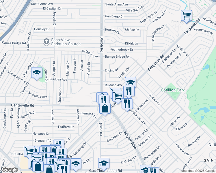 map of restaurants, bars, coffee shops, grocery stores, and more near 2916 Ruidosa Avenue in Dallas
