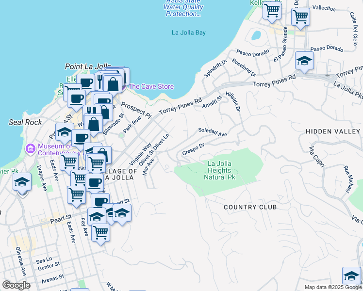 map of restaurants, bars, coffee shops, grocery stores, and more near 1543 Soledad Avenue in San Diego