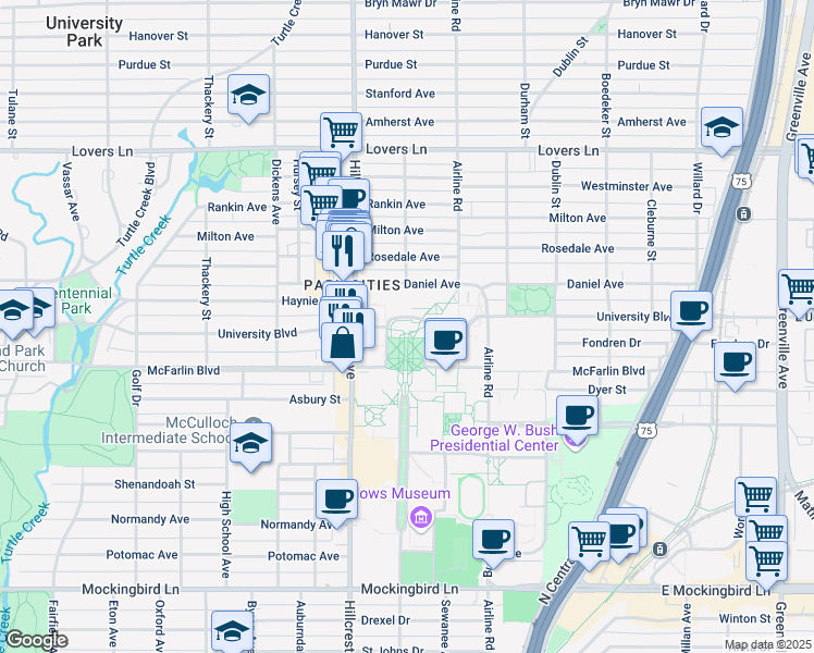 map of restaurants, bars, coffee shops, grocery stores, and more near 3225 University Boulevard in Dallas