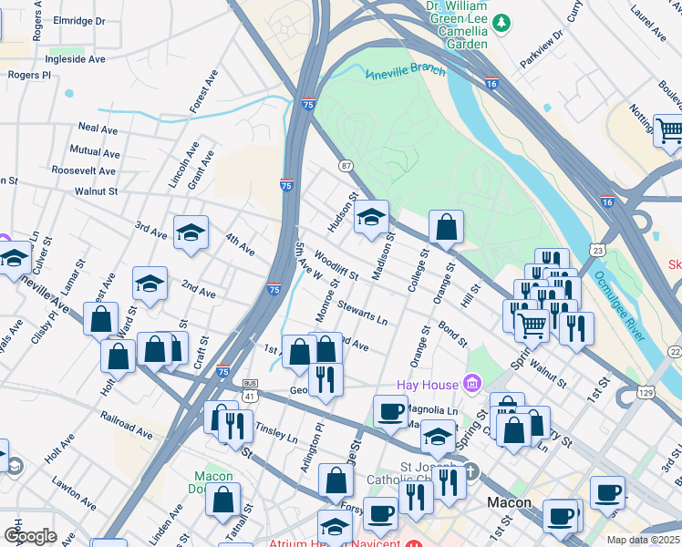 map of restaurants, bars, coffee shops, grocery stores, and more near 209 Monroe Street in Macon