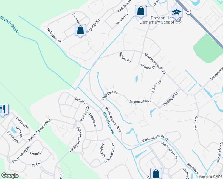 map of restaurants, bars, coffee shops, grocery stores, and more near 305 Deerfield Drive in Charleston