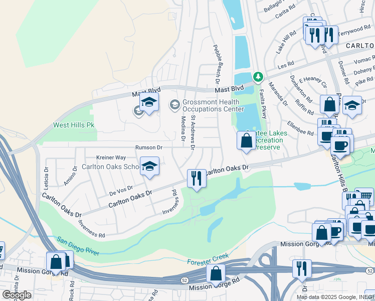 map of restaurants, bars, coffee shops, grocery stores, and more near 8743 Rumson Drive in Santee