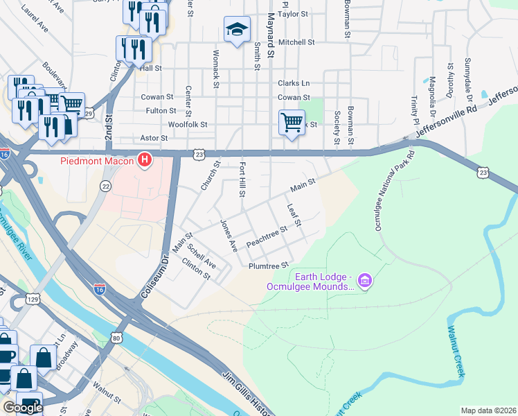 map of restaurants, bars, coffee shops, grocery stores, and more near 765 Main Street in Macon