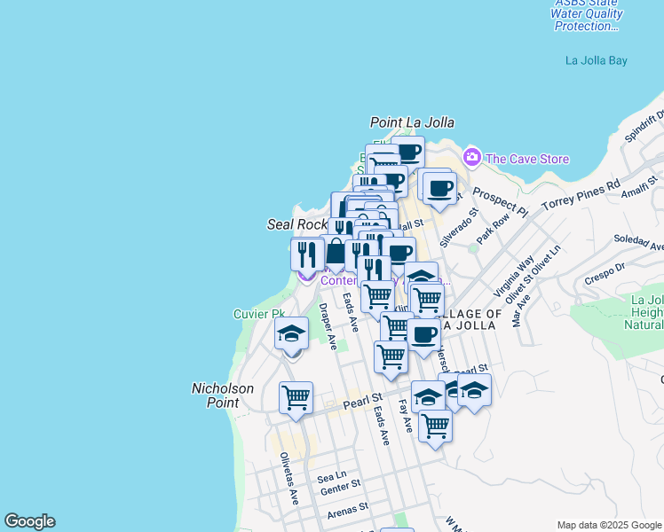 map of restaurants, bars, coffee shops, grocery stores, and more near 7852 Eads Avenue in San Diego