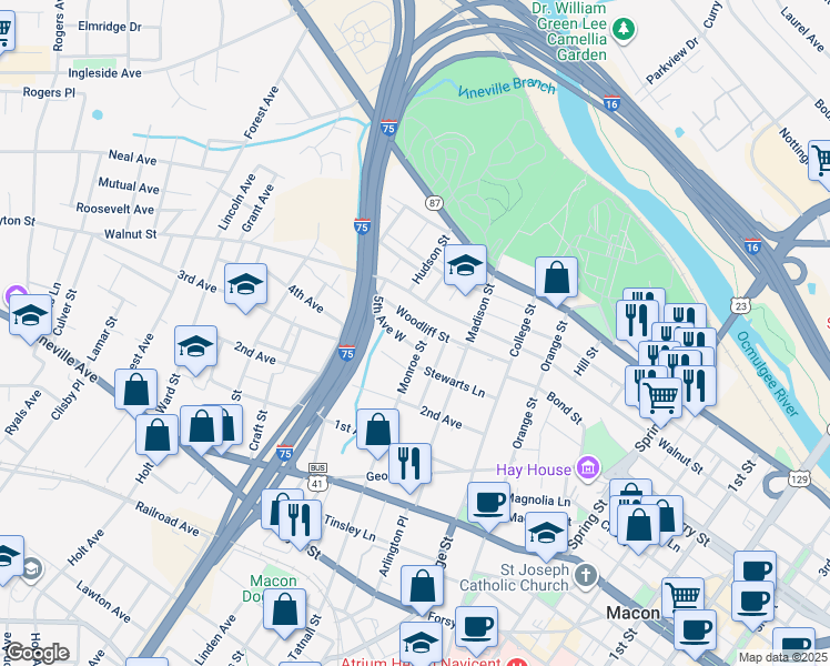 map of restaurants, bars, coffee shops, grocery stores, and more near 1407 Woodliff Street in Macon