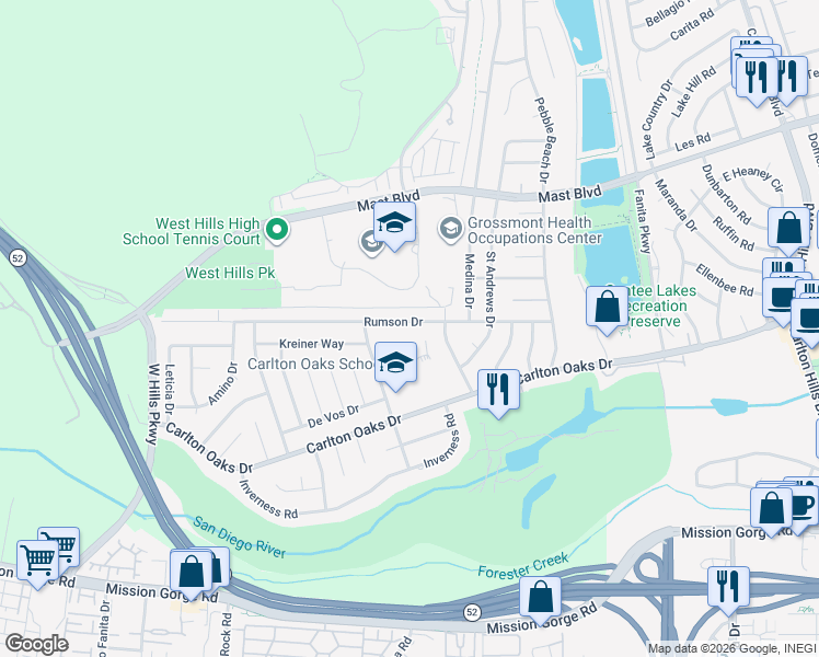 map of restaurants, bars, coffee shops, grocery stores, and more near 8633 Rumson Drive in Santee