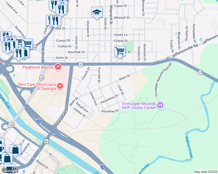 map of restaurants, bars, coffee shops, grocery stores, and more near 765 Main Street in Macon