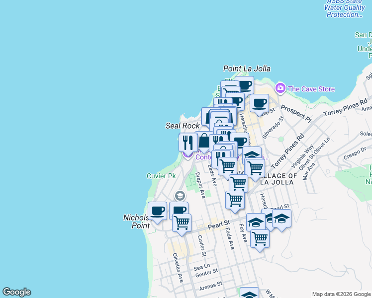 map of restaurants, bars, coffee shops, grocery stores, and more near 722 Coast Boulevard South in San Diego