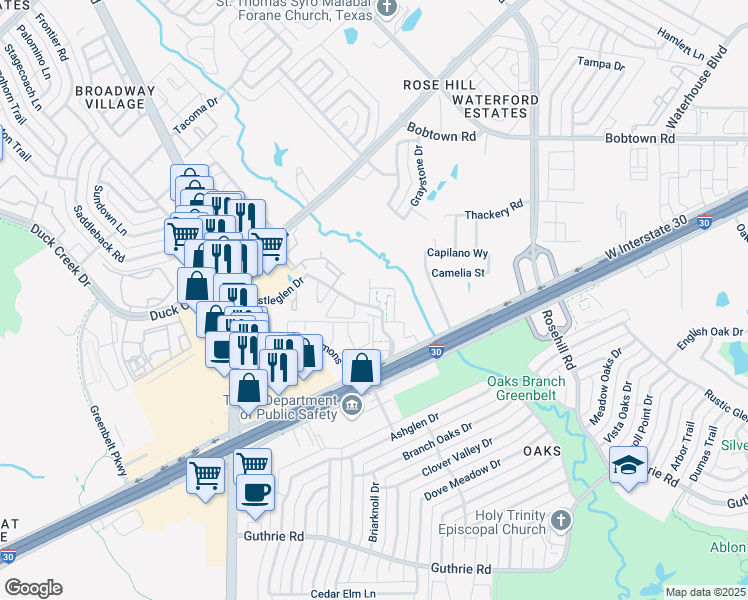 map of restaurants, bars, coffee shops, grocery stores, and more near 905 Castleglen Drive in Garland
