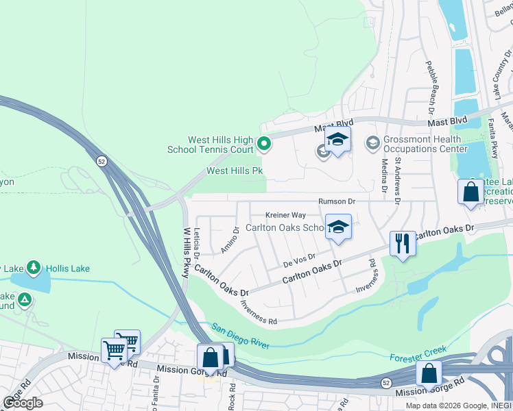 map of restaurants, bars, coffee shops, grocery stores, and more near 9474 Kaschube Way in Santee