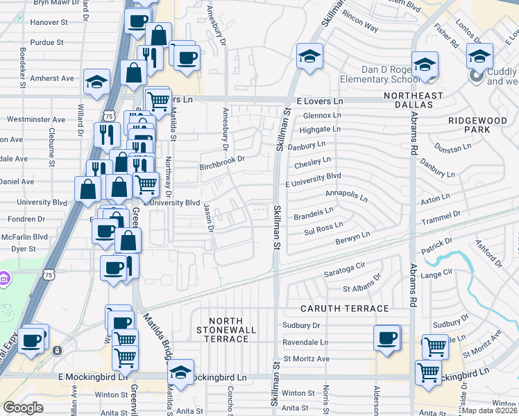 map of restaurants, bars, coffee shops, grocery stores, and more near 6035 Sandhurst Lane in Dallas