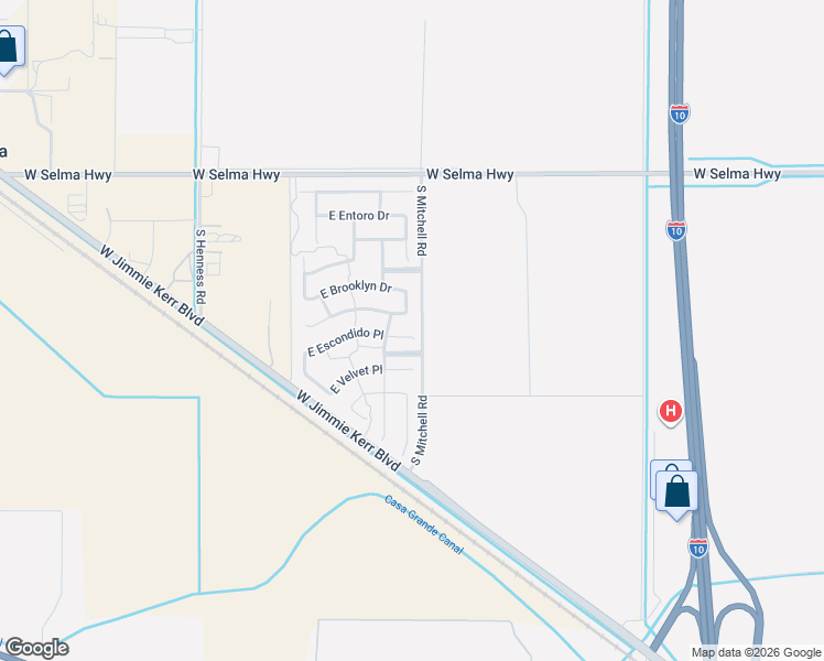 map of restaurants, bars, coffee shops, grocery stores, and more near 2092 East Escondido Place in Casa Grande