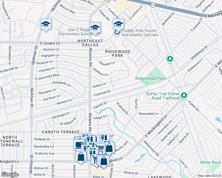map of restaurants, bars, coffee shops, grocery stores, and more near 6475 Trammel Drive in Dallas